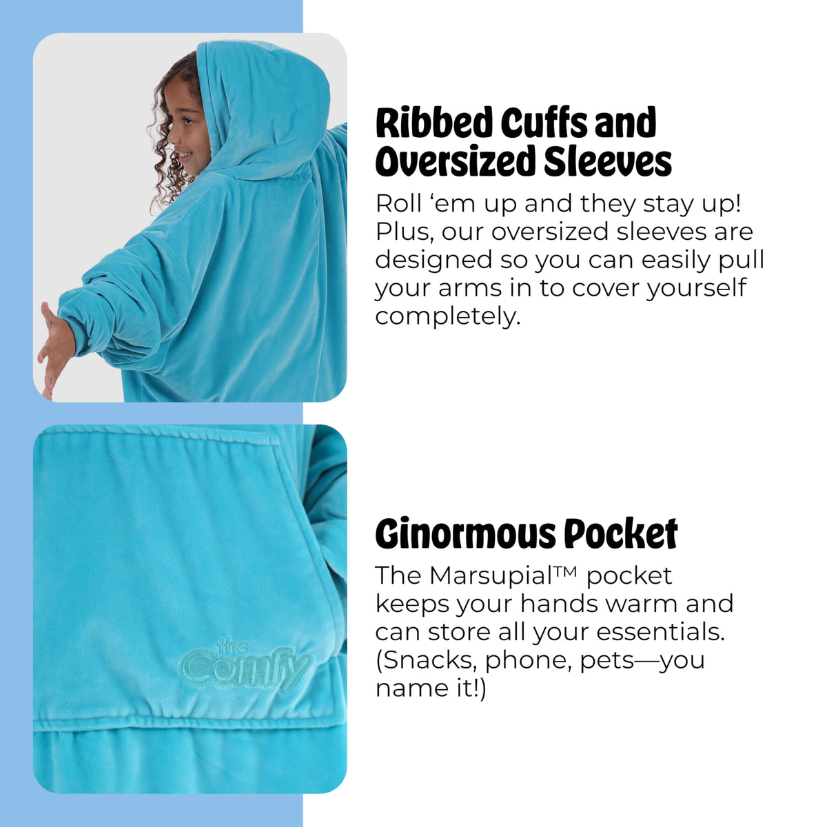 THE COMFY Original Jr double-layer fleece and sherpa blend for durable coziness.