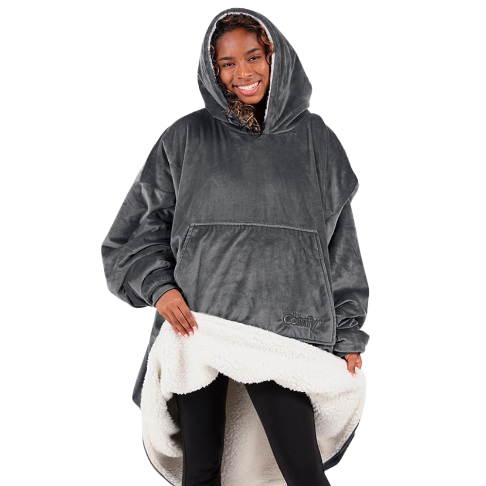 The Comfy Original with sherpa-lined hood offers warm, cozy wear for movie nights.