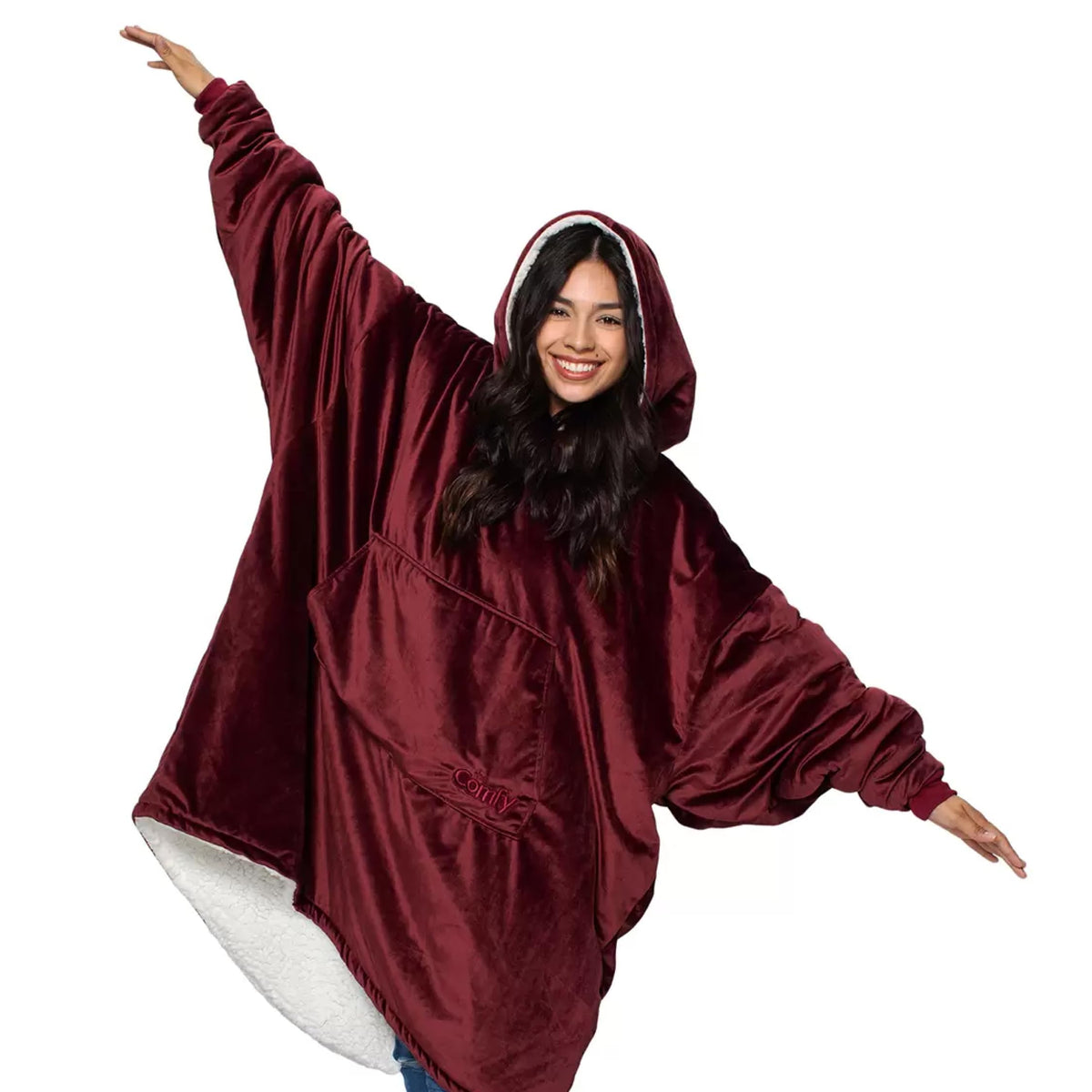 The COMFY Original wearable blanket with hood for cozy lounging at home.