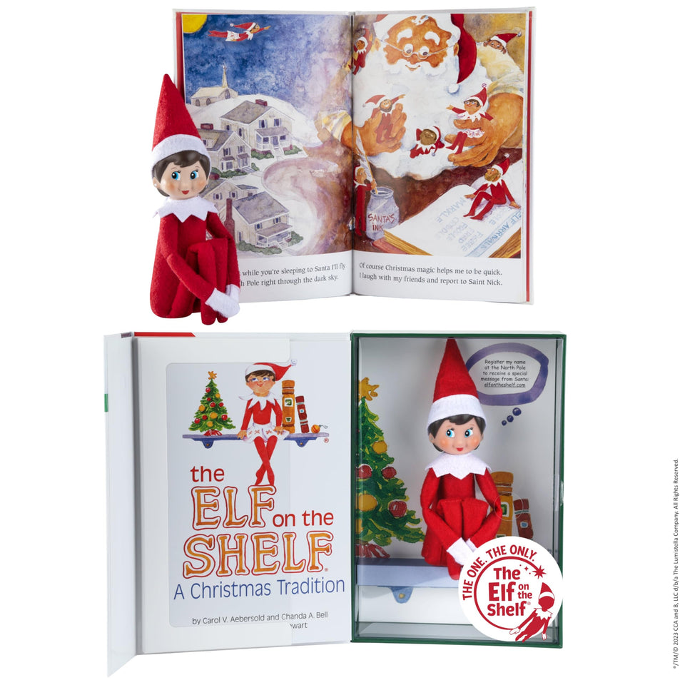 The Elf on the Shelf blue-eyed elf beside the illustrated storybook, perfect for family bedtime reading