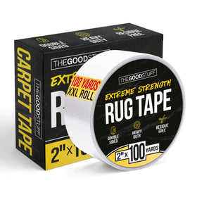 The Good Stuff heavy-duty rug tape securely anchors a large rug on hardwood floors.