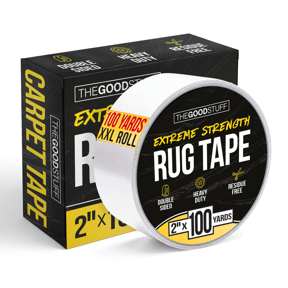 The Good Stuff heavy-duty rug tape securely anchors a large rug on hardwood floors.
