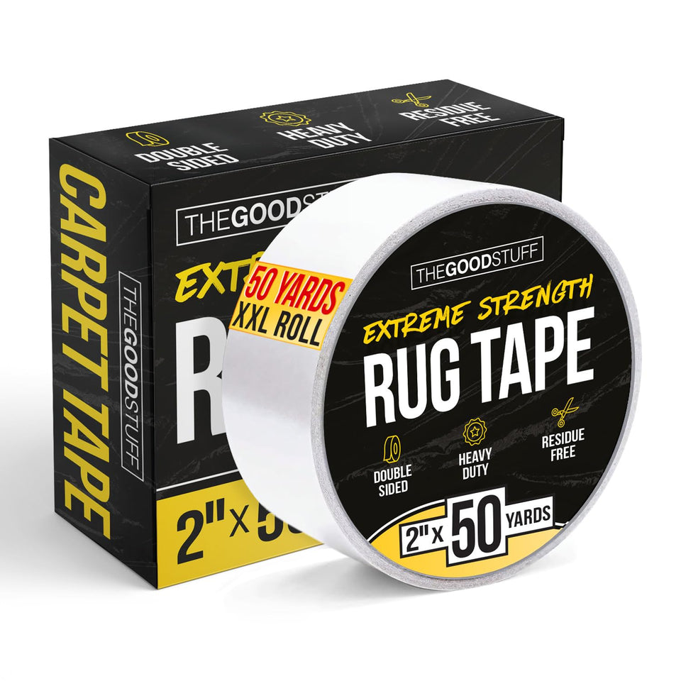 The Good Stuff heavy-duty rug tape on product photo securely holds rugs in place.