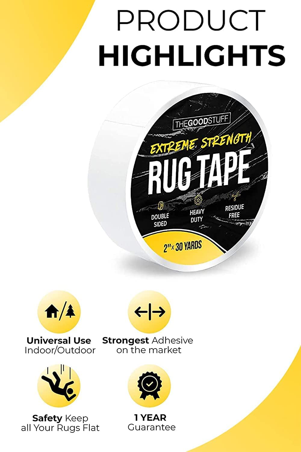 The Good Stuff rug tape adheres firmly to vinyl and tile for stable rug placement.