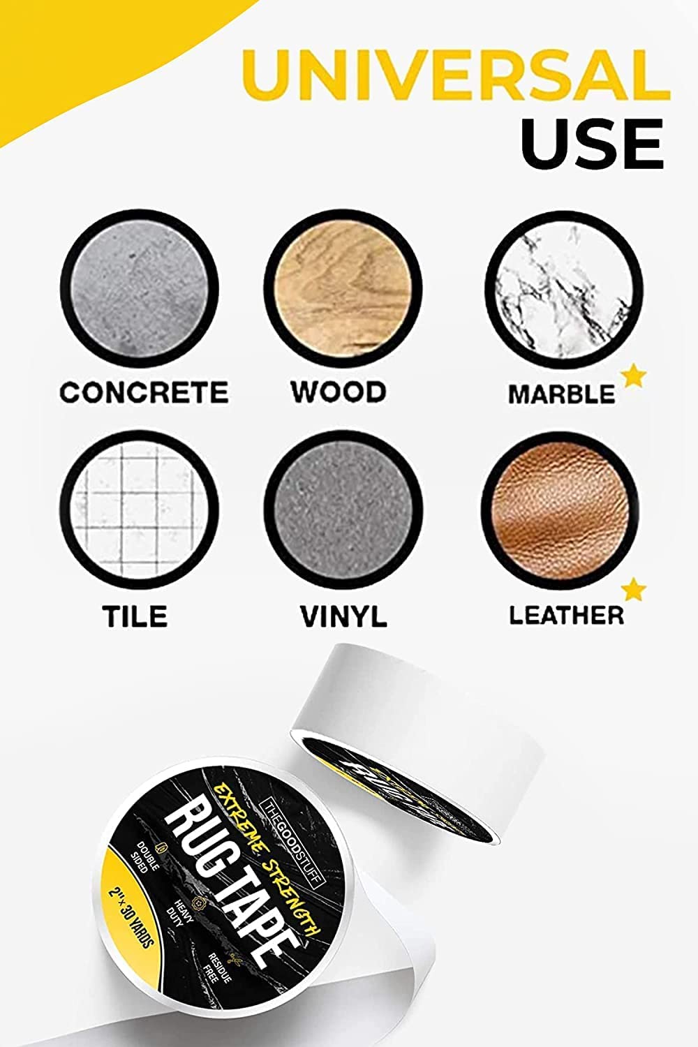 The Good Stuff two-sided carpet tape fixes upholstery and mats without slipping.