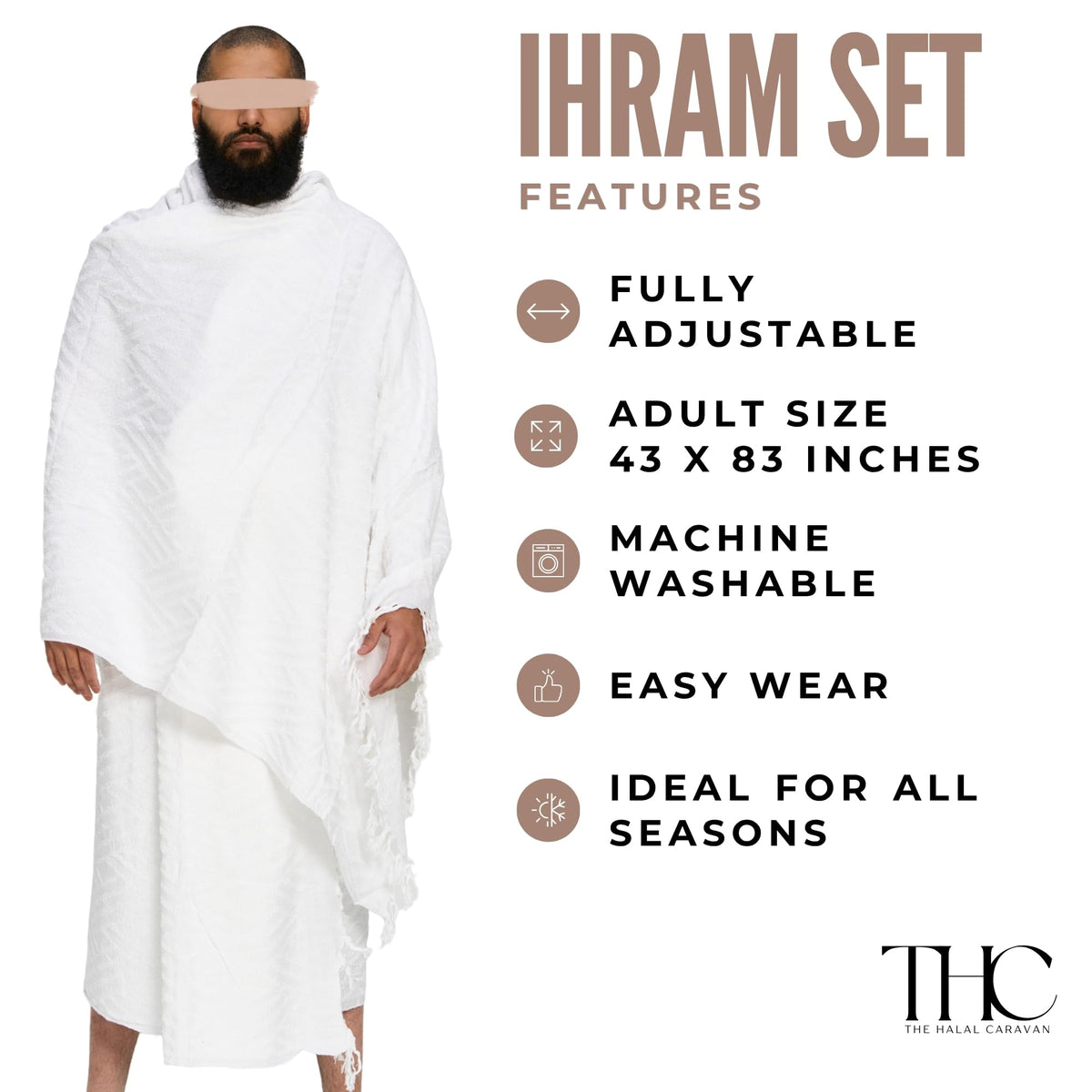 The Halal Caravan ihram quick-drying material stays fresh in hot desert conditions