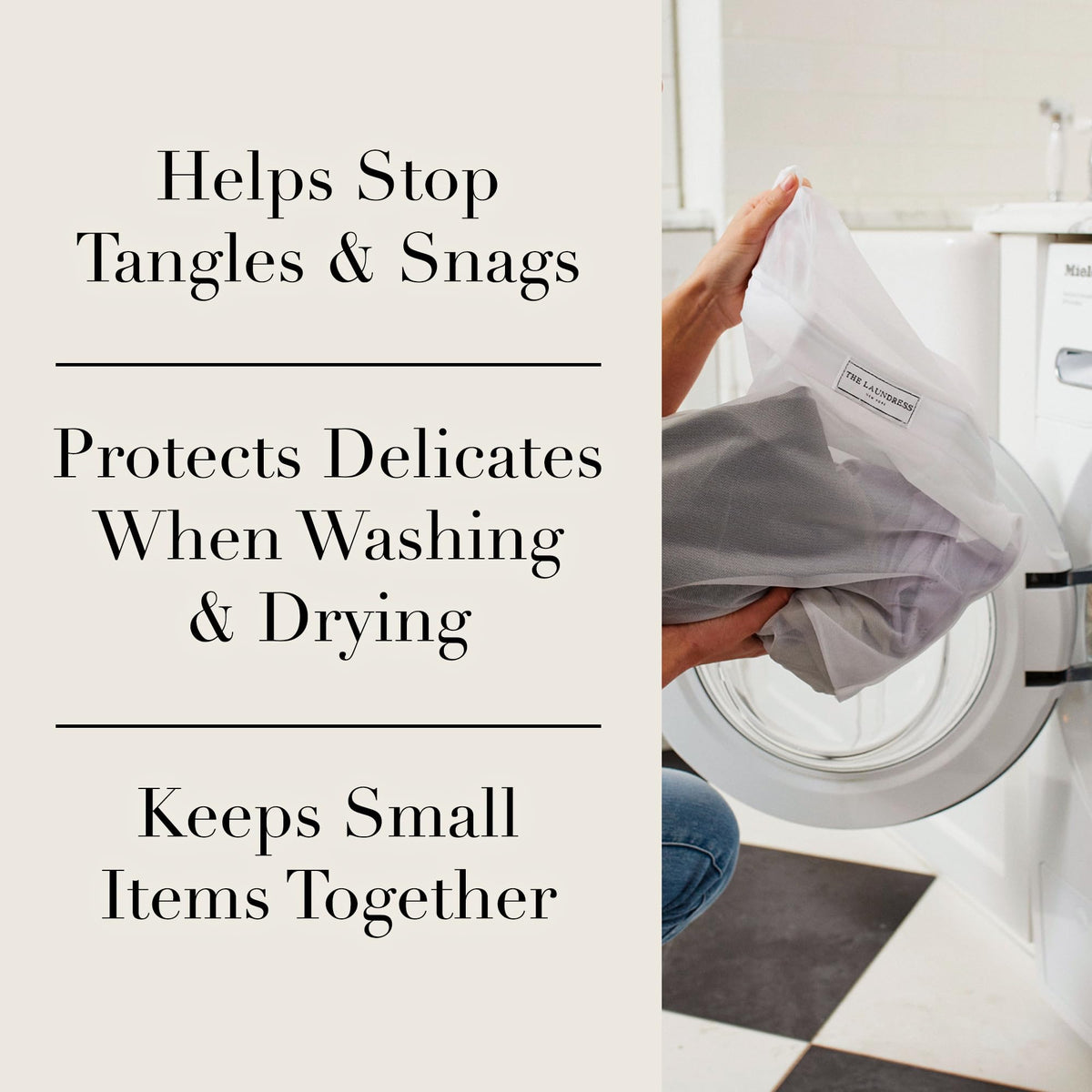 The Laundress mesh bag guards against snags during washing