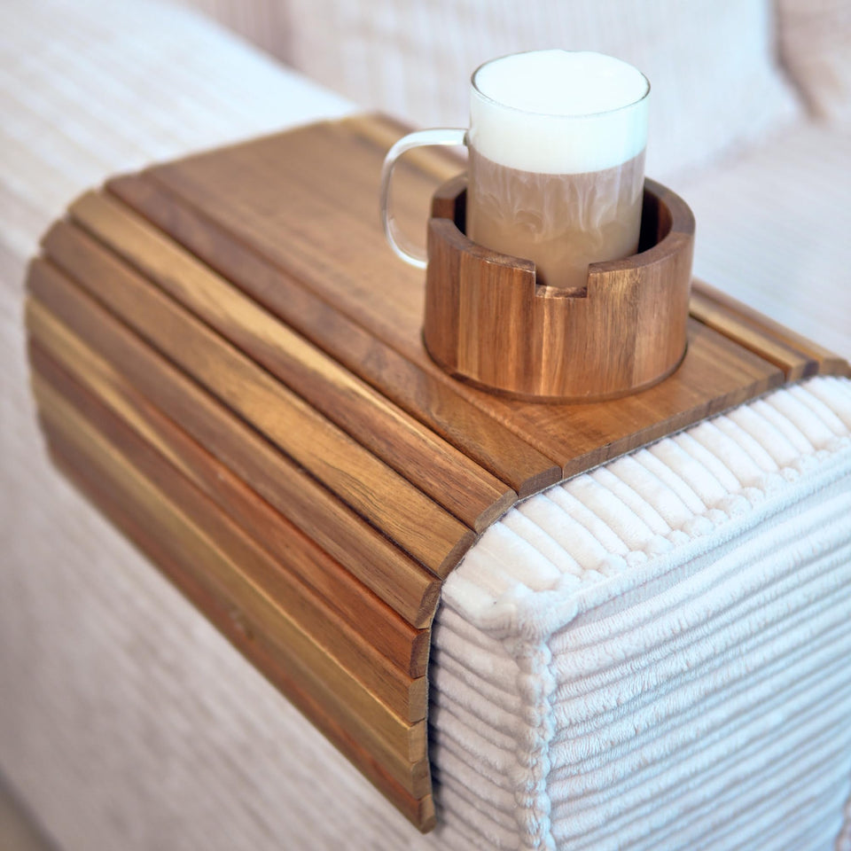 THE LAZY STORE Acacia Couch Arm Tray with wood finish for easy drink access.