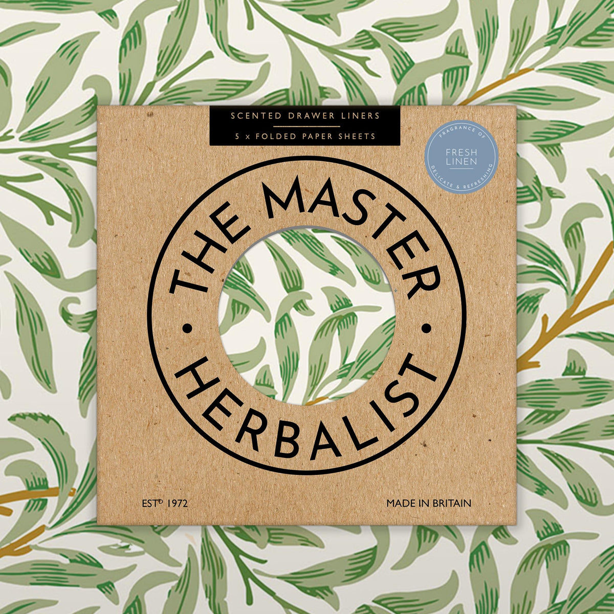 The Master Herbalist Fresh Linen drawer liner in William Morris design for organized drawers.