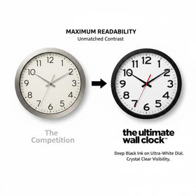 The Ultimate Wall Clock glass lens and satin dial for crisp visibility.