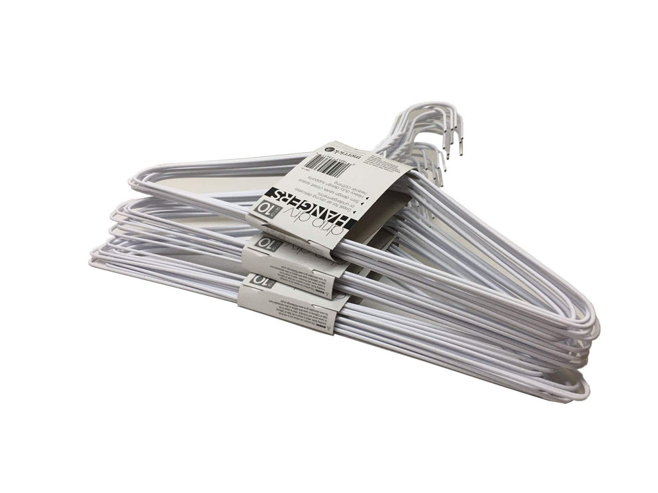 The UM24 wire hanger with white plastic coating, 16-inch size, rust-resistant for durable closet organization.