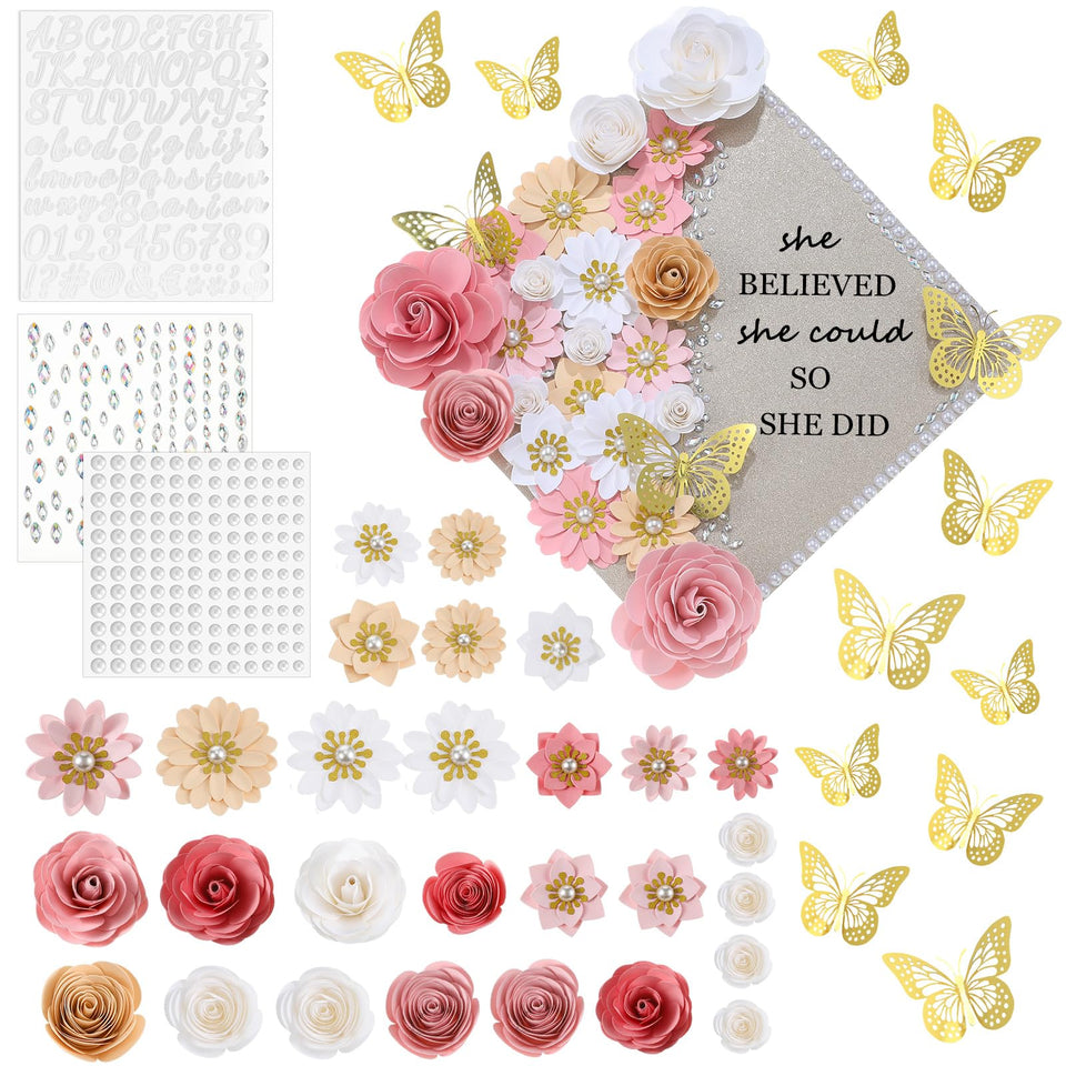 Thiccywoov pink flower heads for graduation cap embellishment, adds vibrant texture