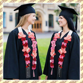 Thiccywoov Graduation Lei color gradient from light to burgundy for festive mood.