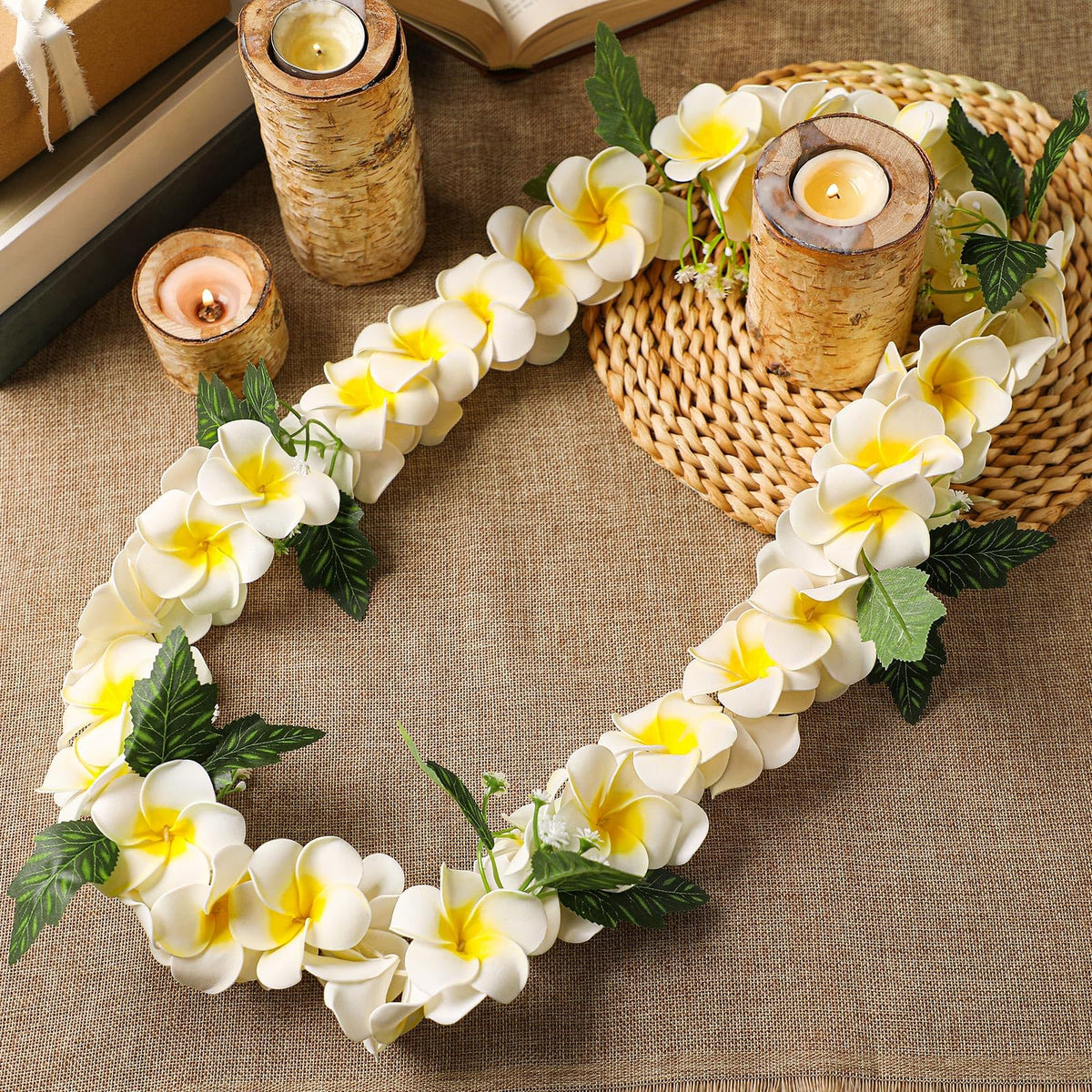 Close-up of lifelike white plumeria petals from Thiccywoov lei