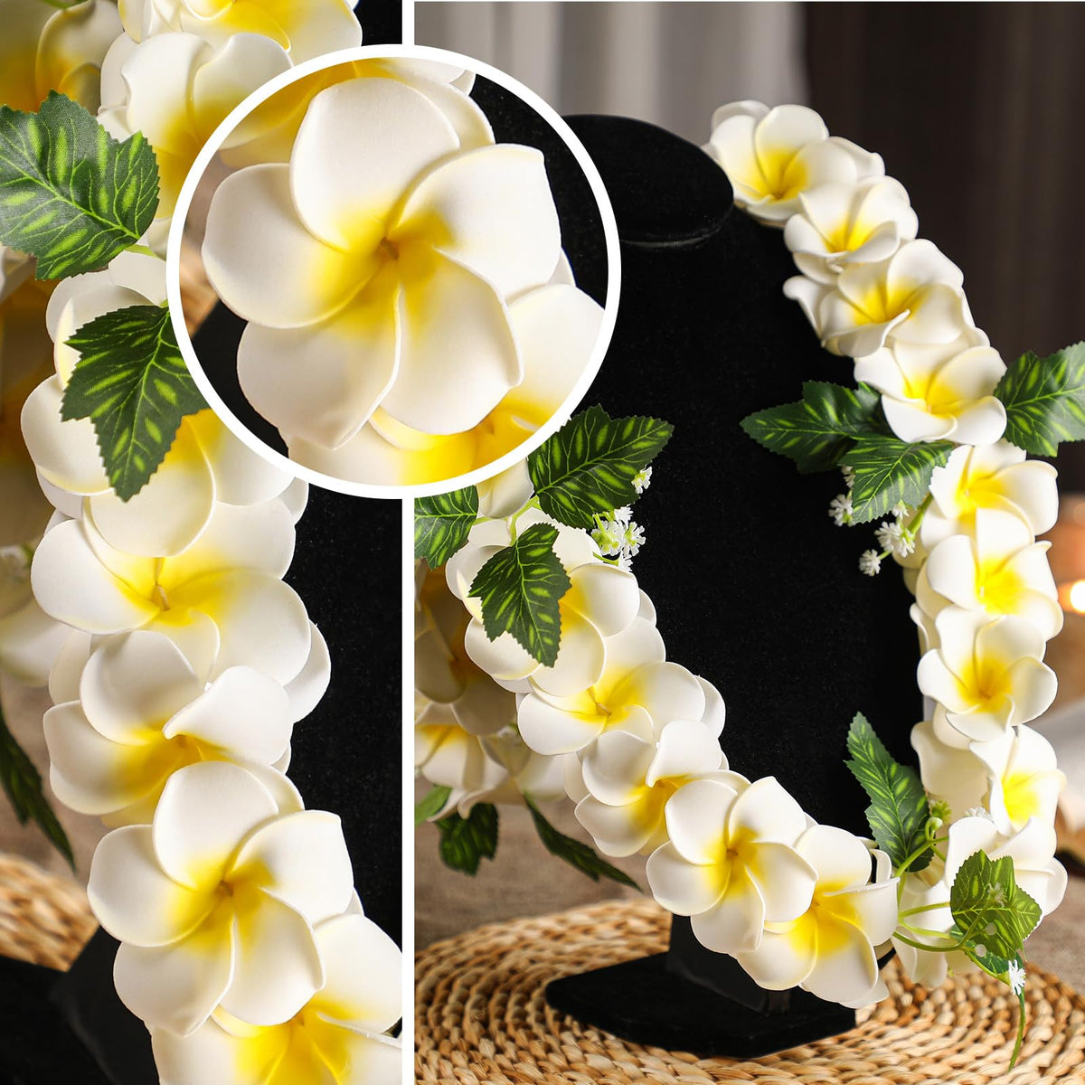 Lei used as a photo prop at a tropical wedding or luau