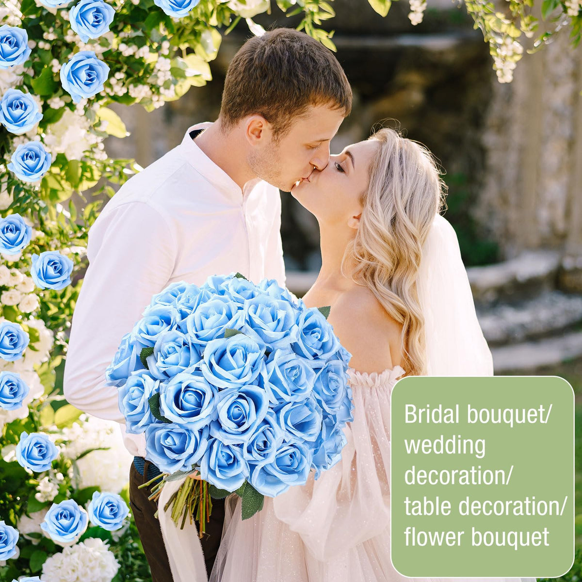 Thiccywoov light blue roses in a table centerpiece setup