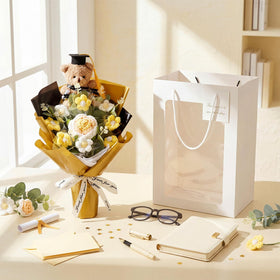 Thiccywoov bouquet and bear size details for graduation displays