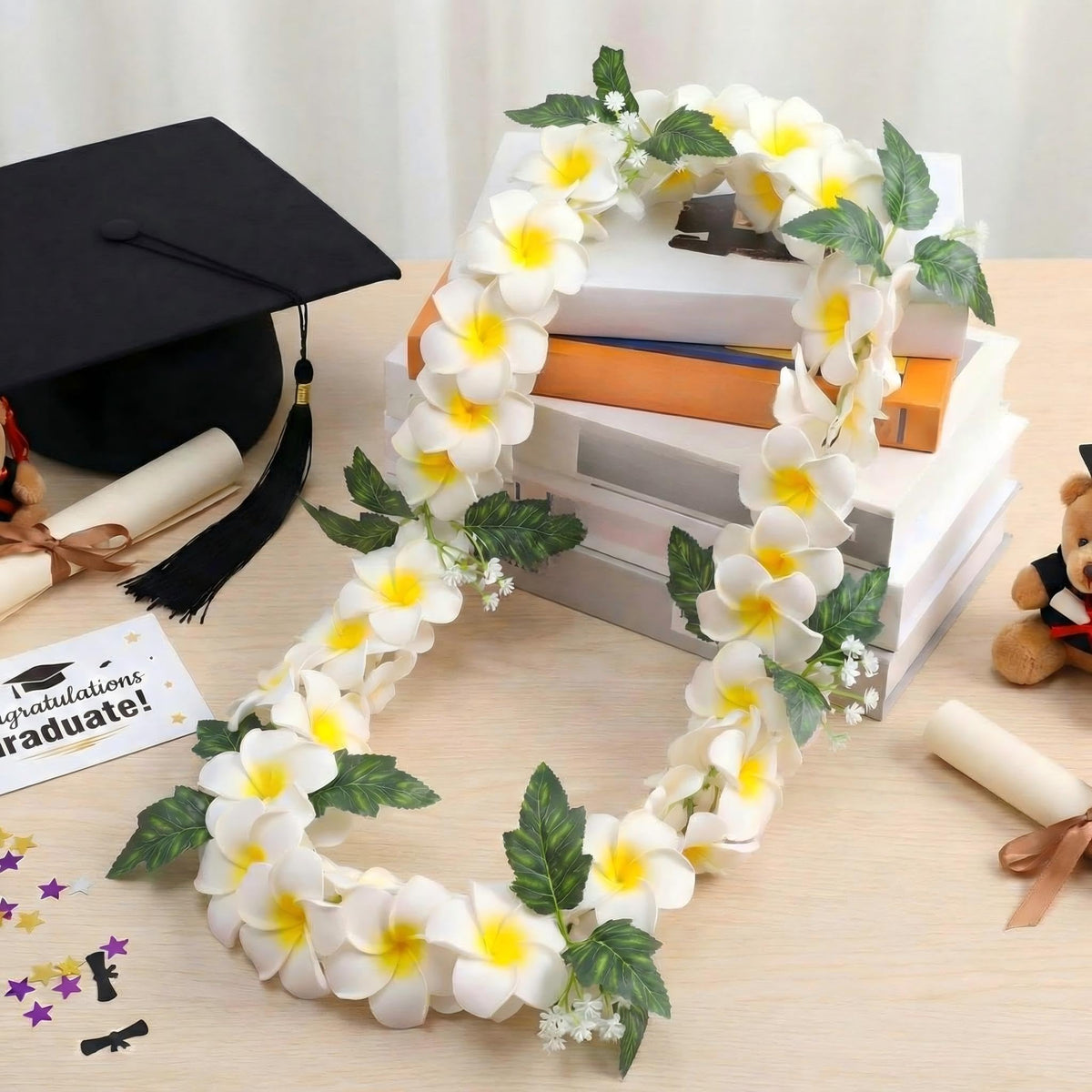 Tropical party setup featuring Thiccywoov Hawaiian lei as décor