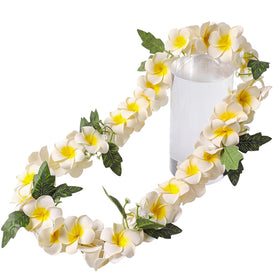 Thiccywoov white plumeria lei laid out to show 47-inch circumference and bloom size