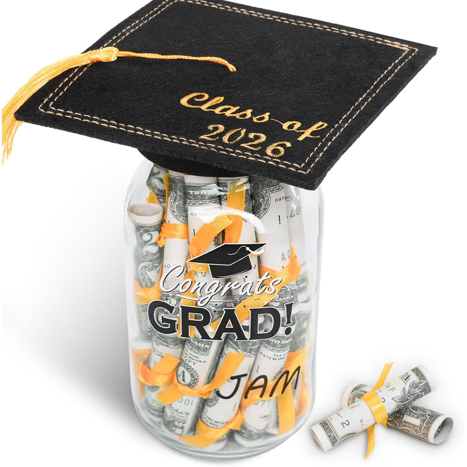 Thigreact graduation mason jar with personalized name and money gift centerpiece.