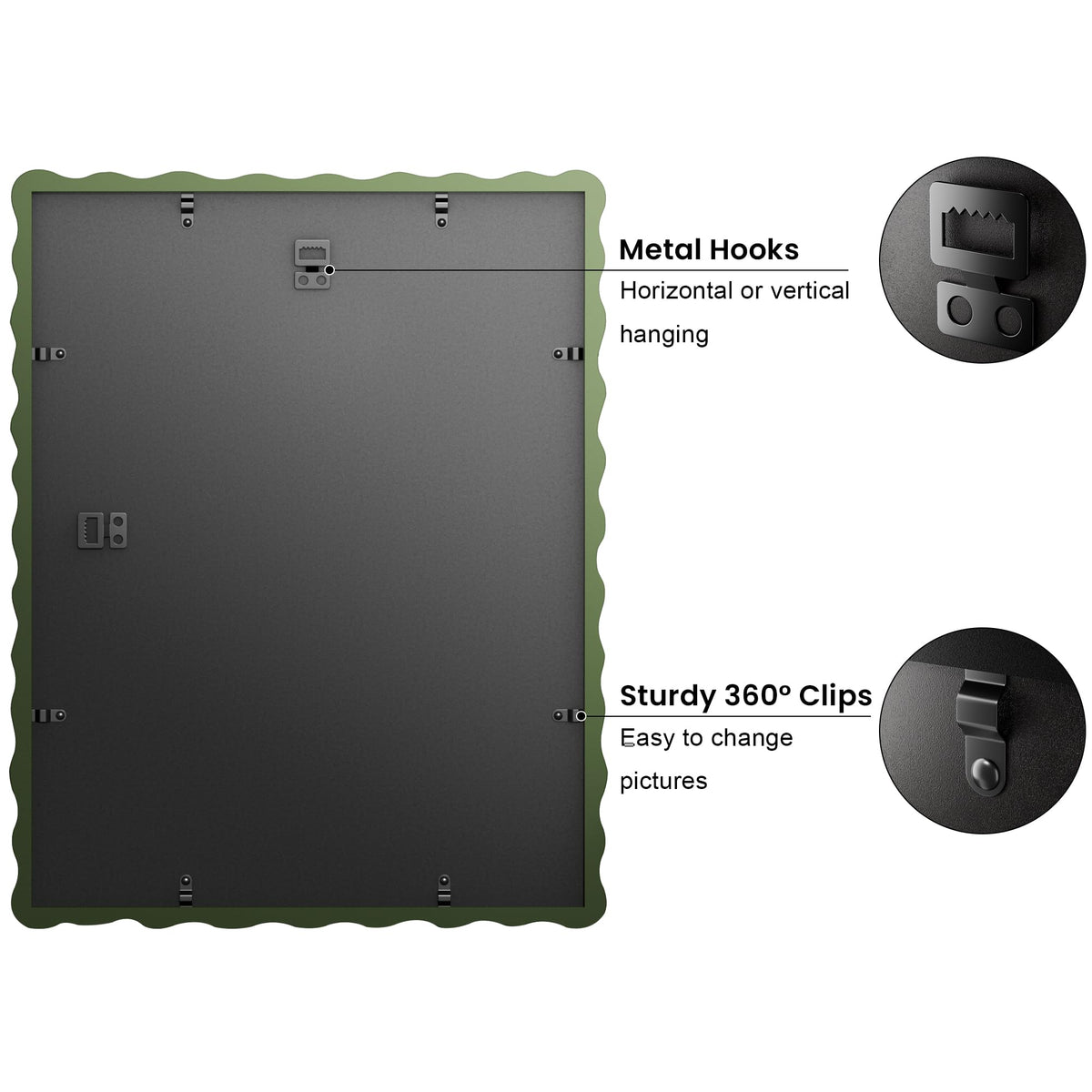 THKRLOF back of frame with rotating snaps for easy photo swap