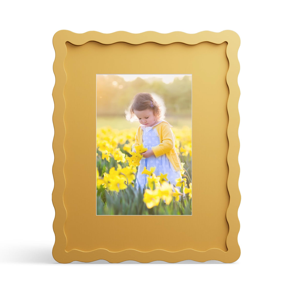 THKRLOF yellow 8x10 frame with mat displaying a 5x7 photo on a stylish tabletop