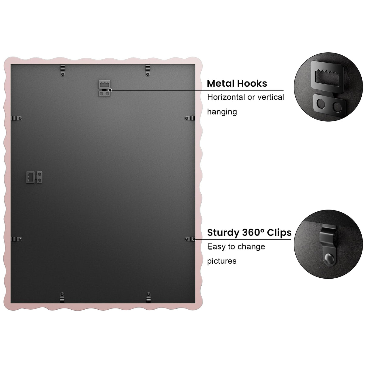Back view of THKRLOF frame showing rotating snaps for quick display updates.
