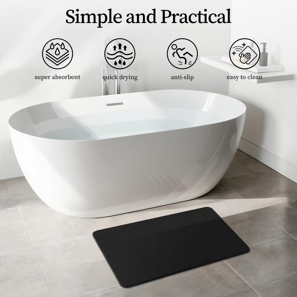 THMINS bath mat in bathroom setting demonstrates fast moisture absorption
