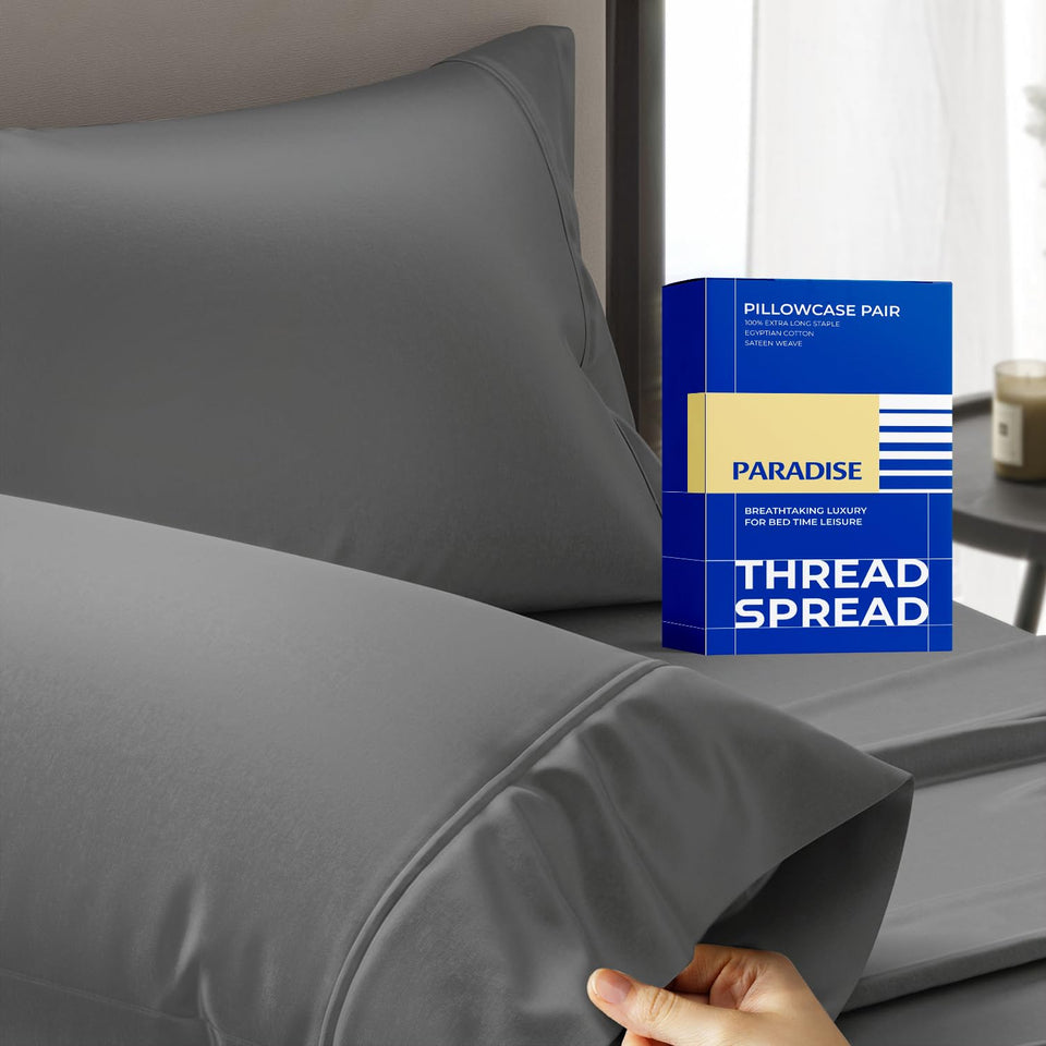 Thread Spread Paradise pillow case in dark grey with silky sateen finish.