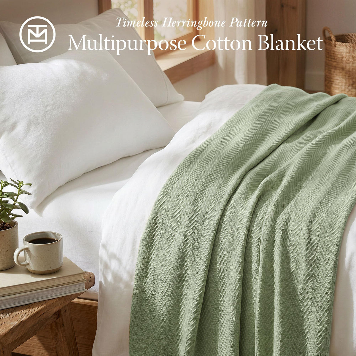 Threadmill all-season herringbone blanket showing 106x92 inch size for generous coverage