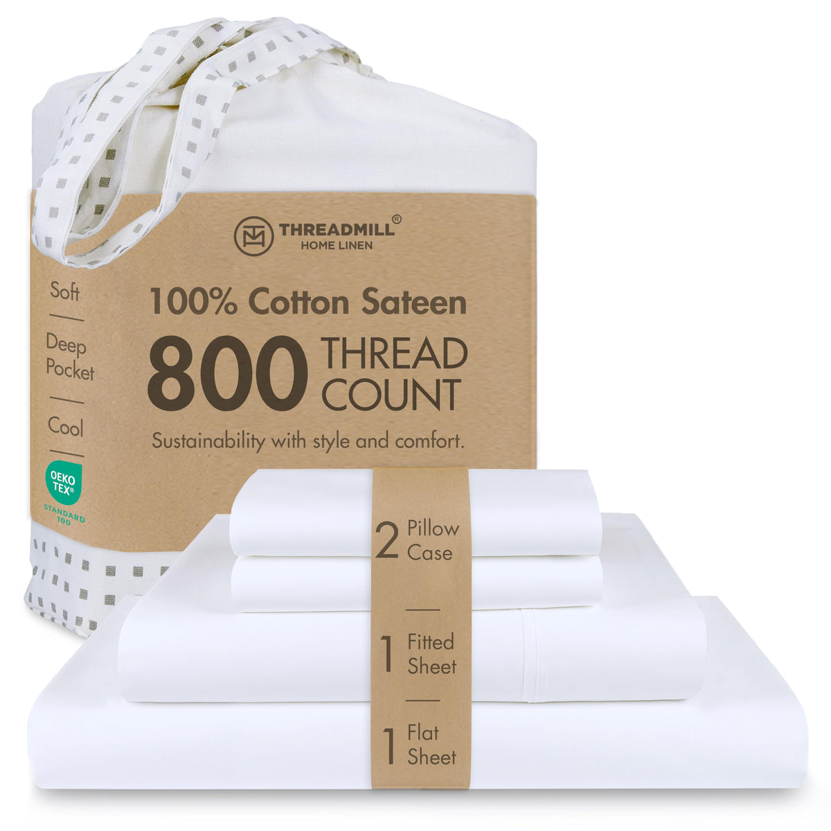 Threadmill Luxury 800TC king flat sheet in hotel white showing smooth sateen finish and durability