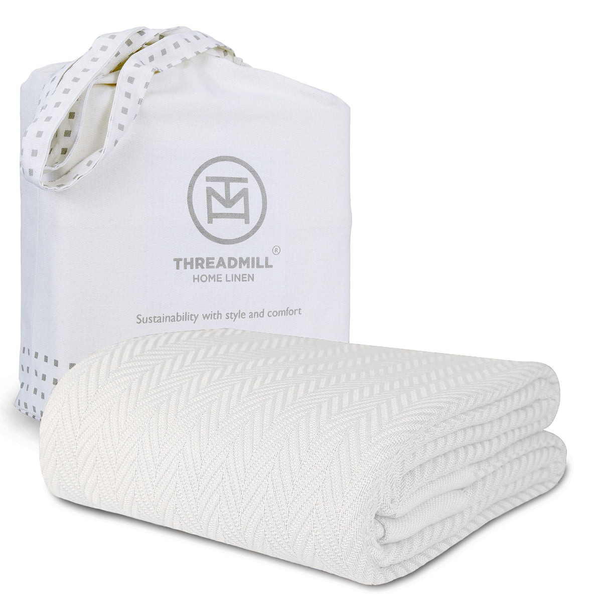 Threadmill luxury cotton blanket in king size, tusk white drapes softly on the bed.
