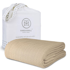Threadmill luxury cotton blanket queen size with herringbone weave for cozy warmth