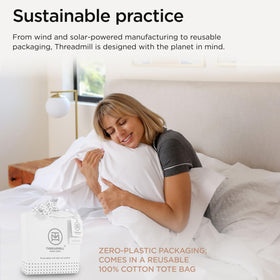 Threadmill packaging shown as zero-plastic in reusable cotton tote