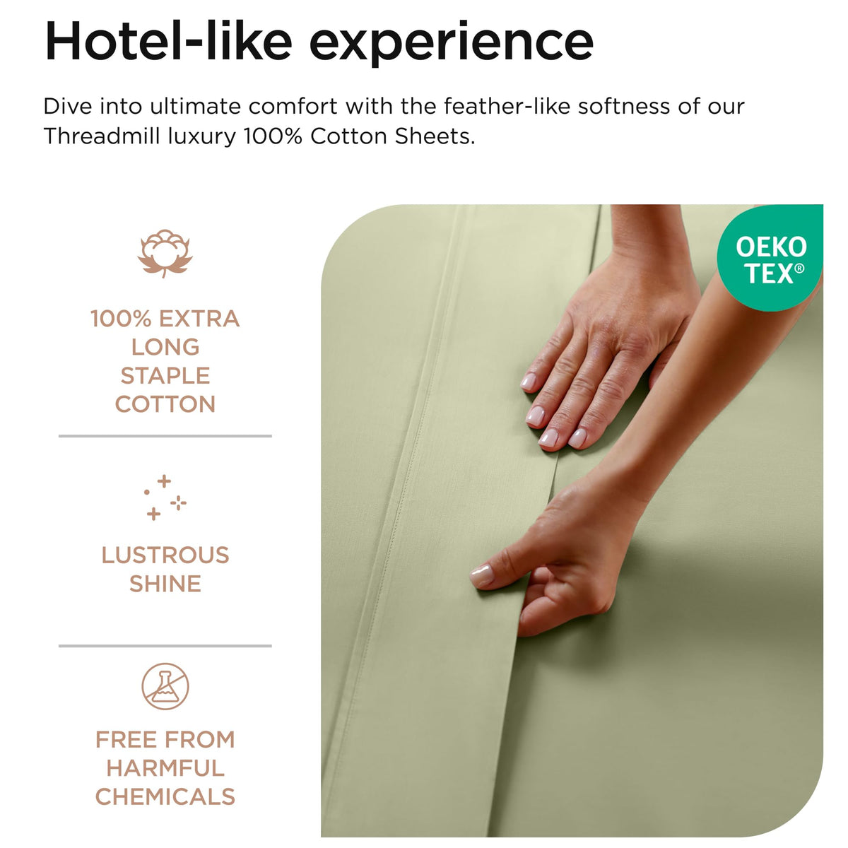 Threadmill Sage Green 600TC deep-pocket fitted sheet demonstrated on tall mattress.
