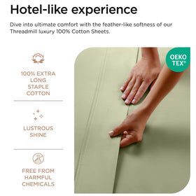 Threadmill Sage Green 600TC deep-pocket fitted sheet demonstrated on tall mattress.