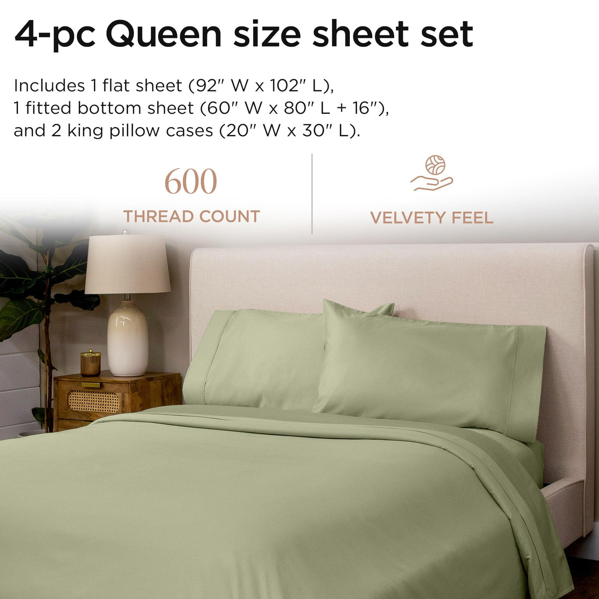 Threadmill Sage Green 600TC fitted sheet with deep-pocket secure fit.