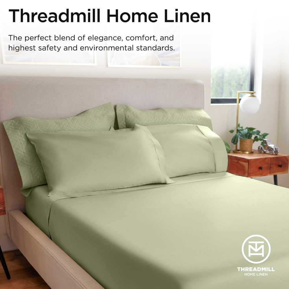 Threadmill Sage Green bed setup featuring coordinated 600TC sheets.