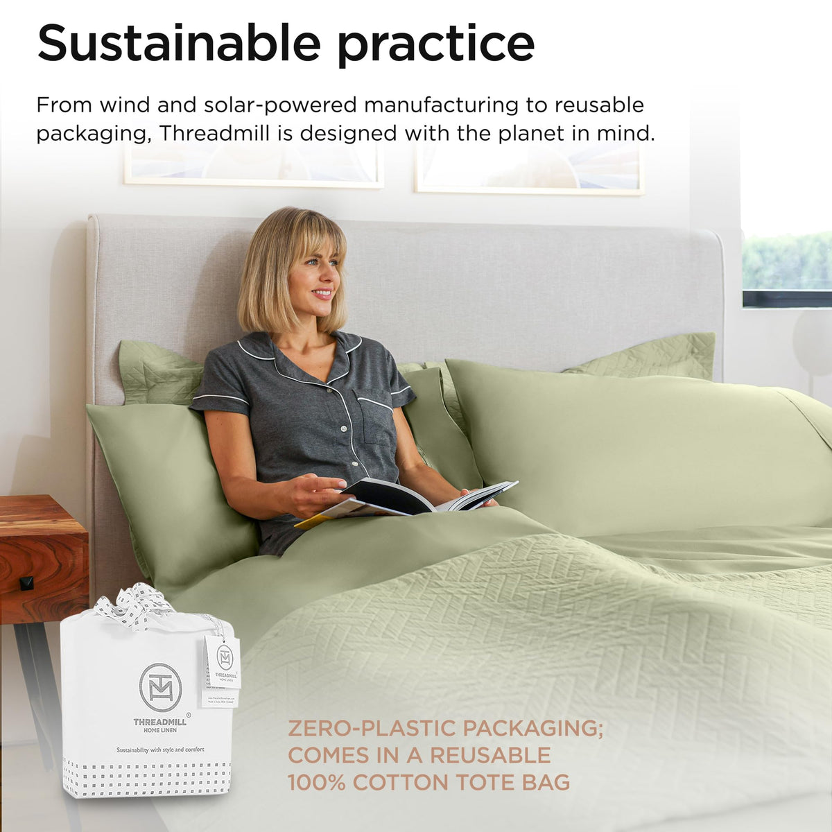 Threadmill packaging tote shows zero plastic, reusable packaging.