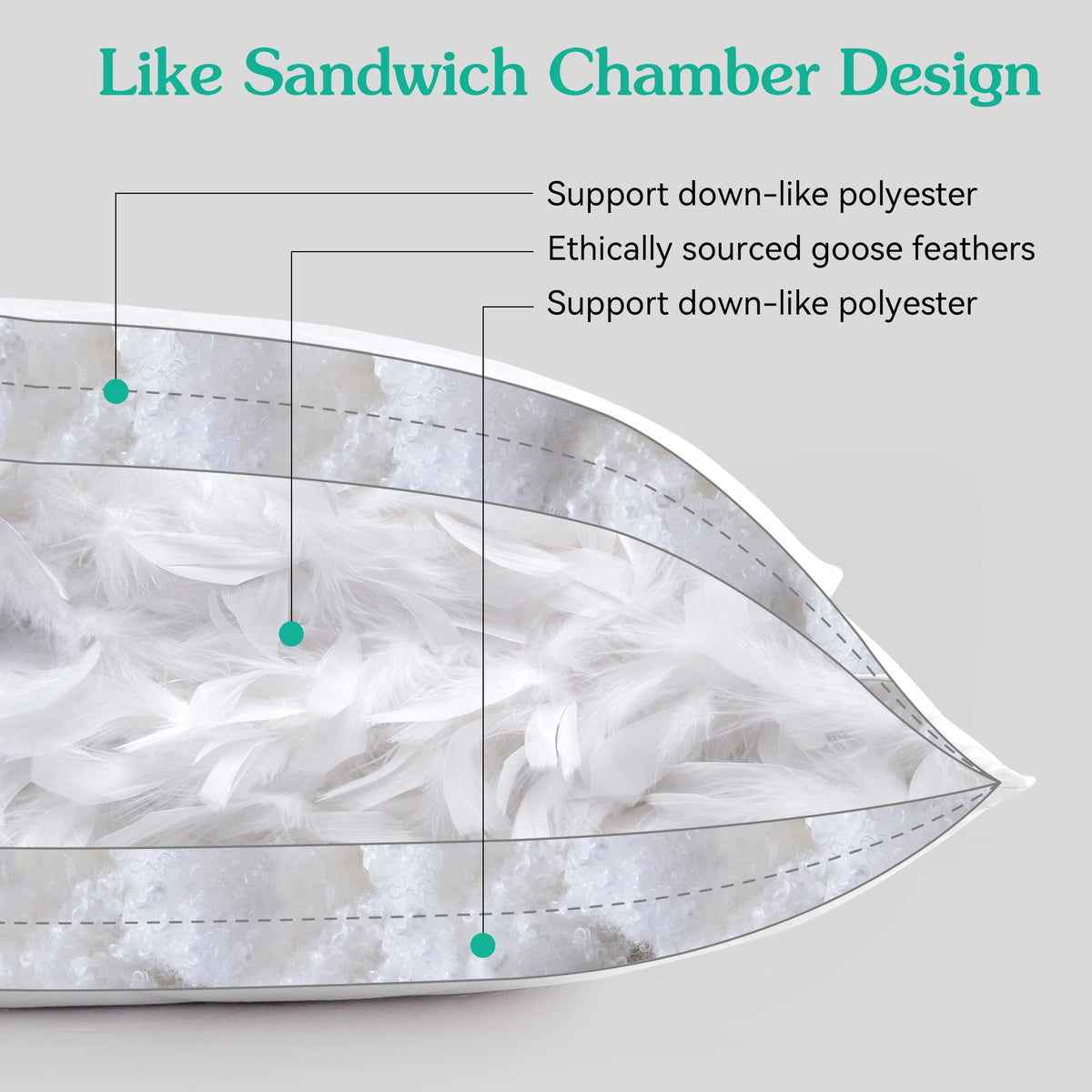 Pillow shell shown as OEKO-Tex certified, indicating chemical-free construction.