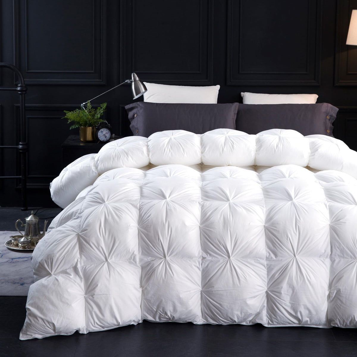 Three Geese queen-size pinch-pleat detail showing durable stitching for comfort