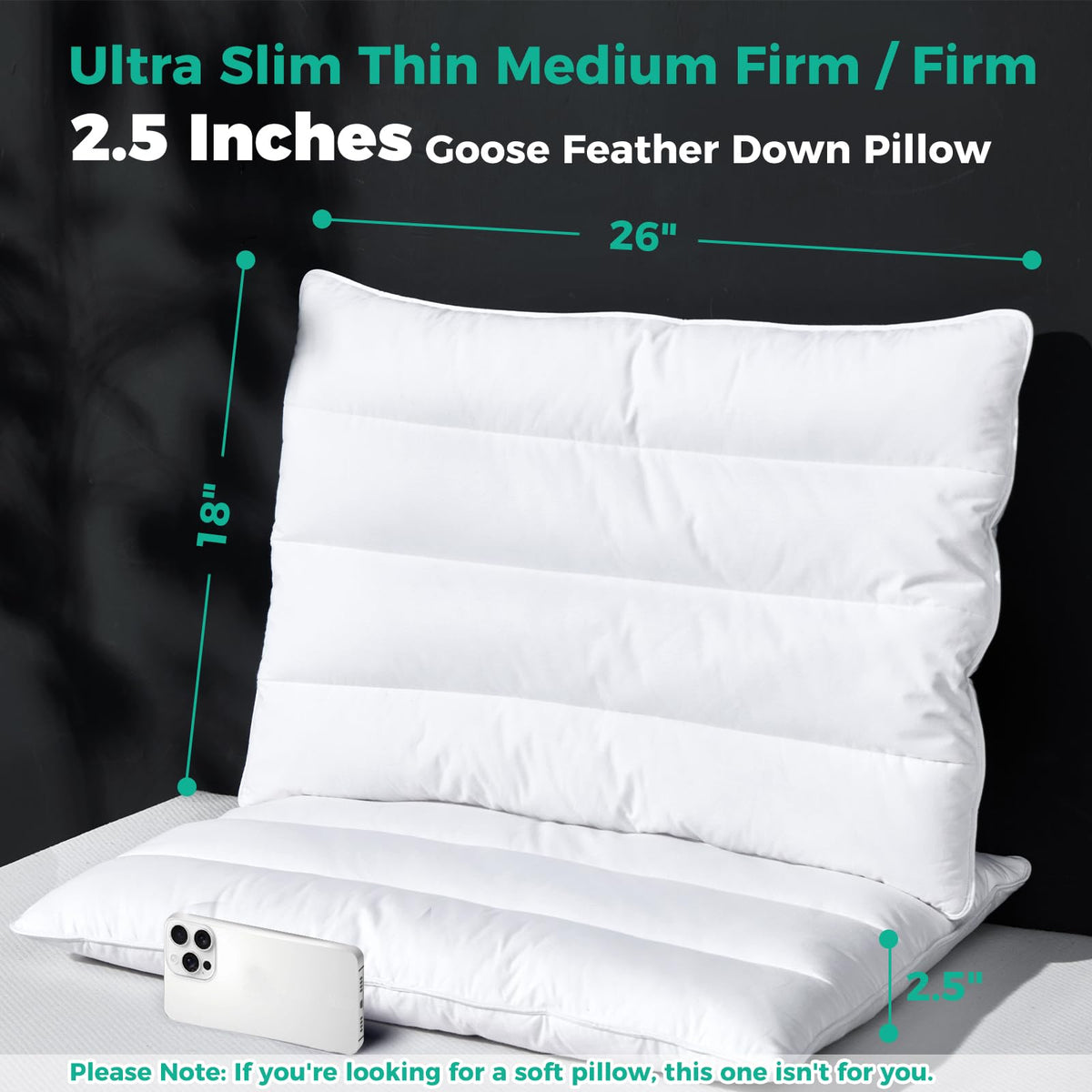 Three Geese thin goose-down pillow side profile for back or stomach sleepers