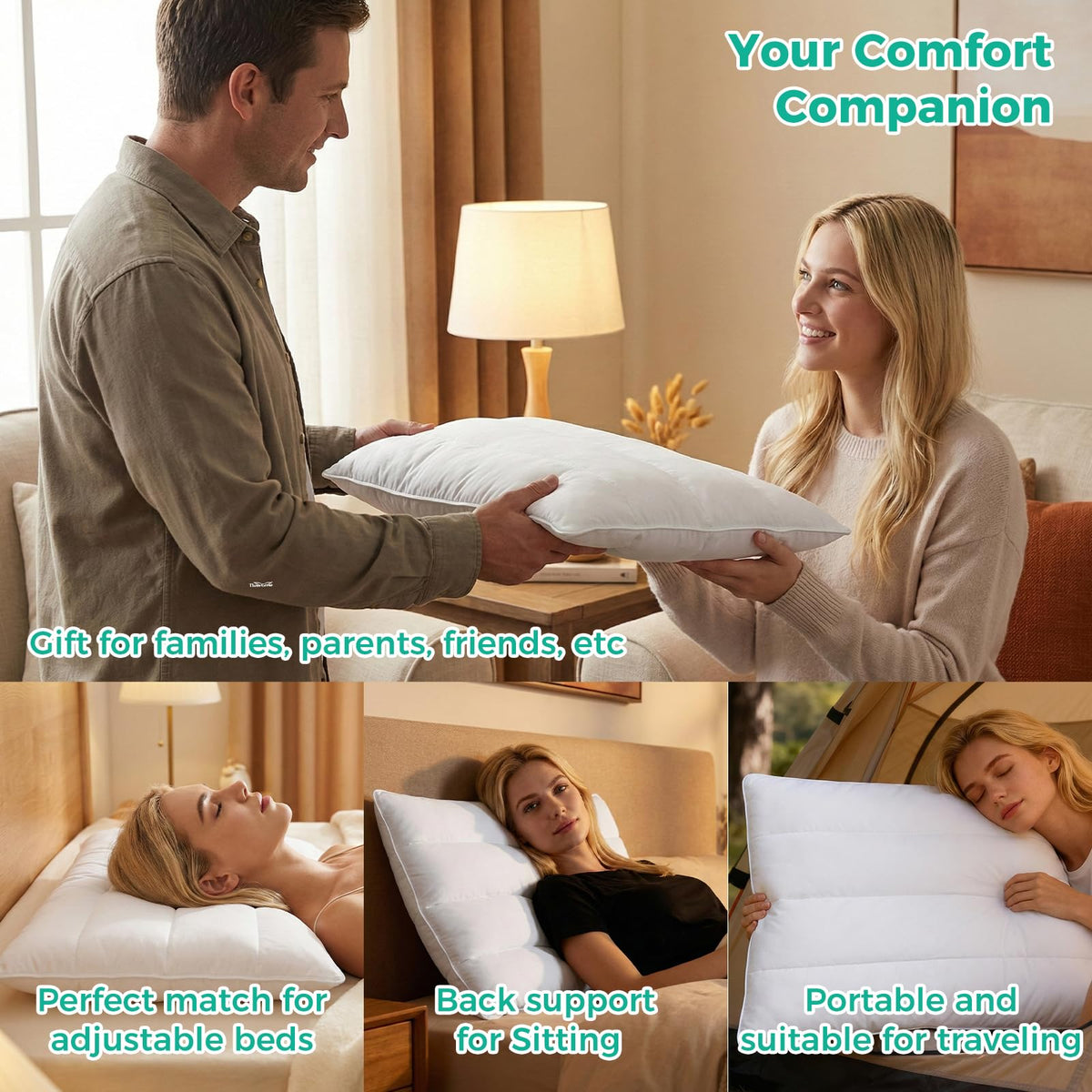 Three Geese unboxing of vacuum-packed pillow showing quick setup