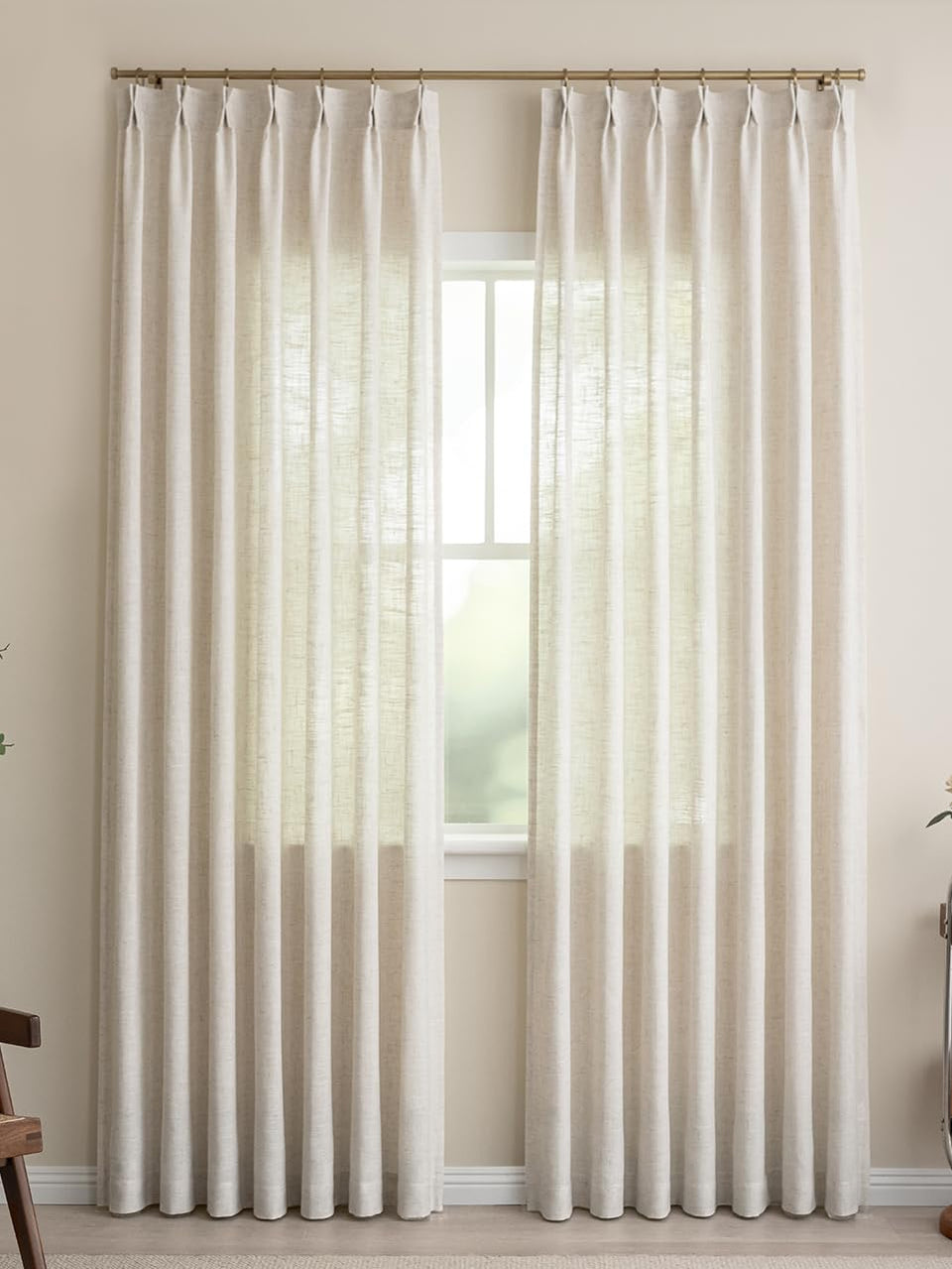 Three Girls Liz sheer pinch-pleated linen curtains - natural texture providing light filtering privacy.