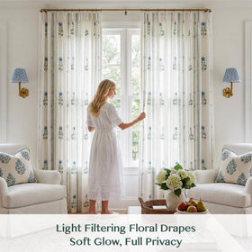 Three Girls floral curtains enhance bedroom ambiance with garden-inspired pattern and soft glow
