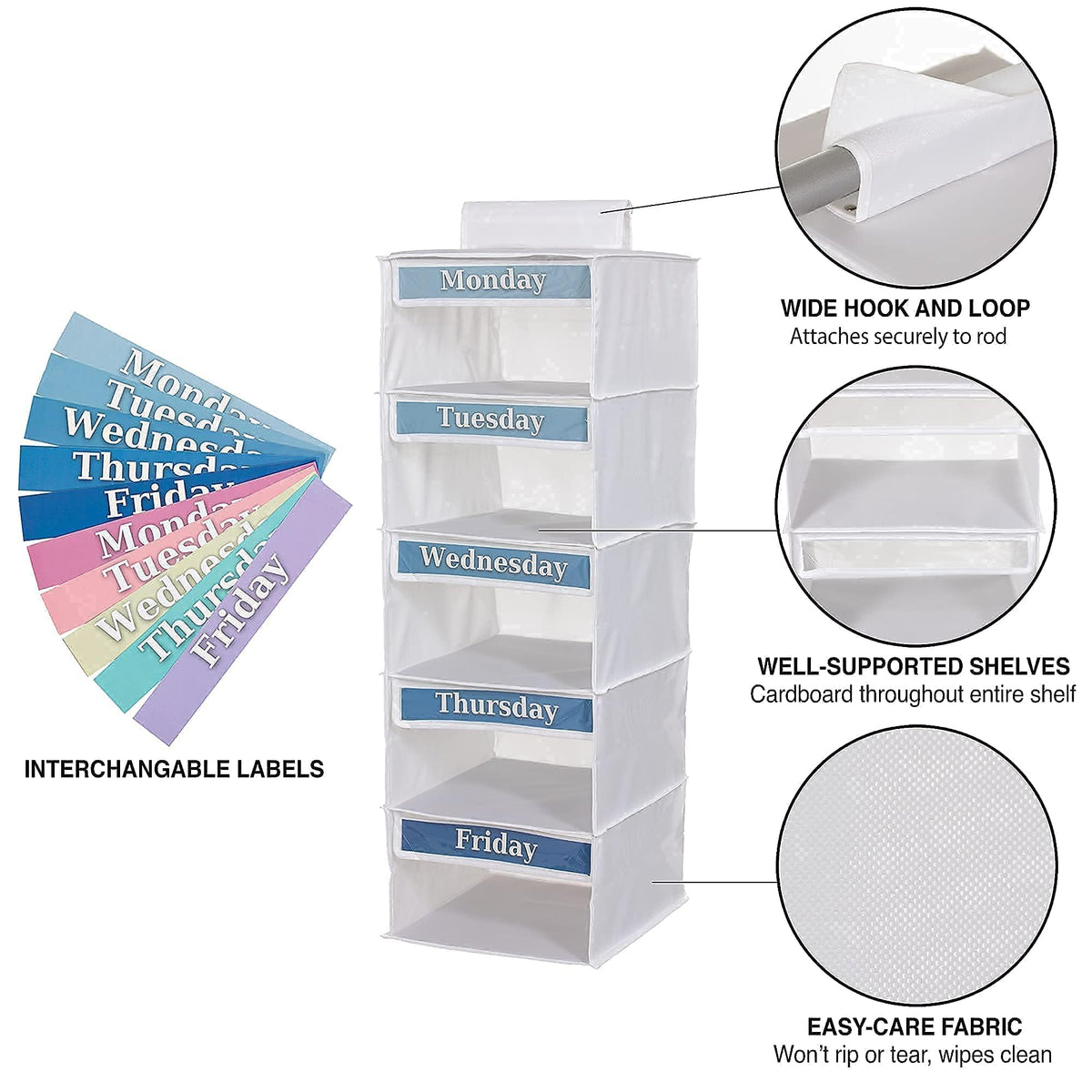 Three Sweet Peas Co rainbow labels offer clear color-coded outfit planning.