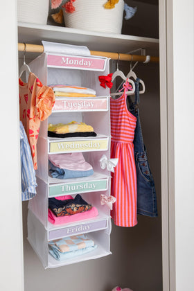 Three Sweet Peas Co easy-clean fabric keeps wardrobes tidy and ready.
