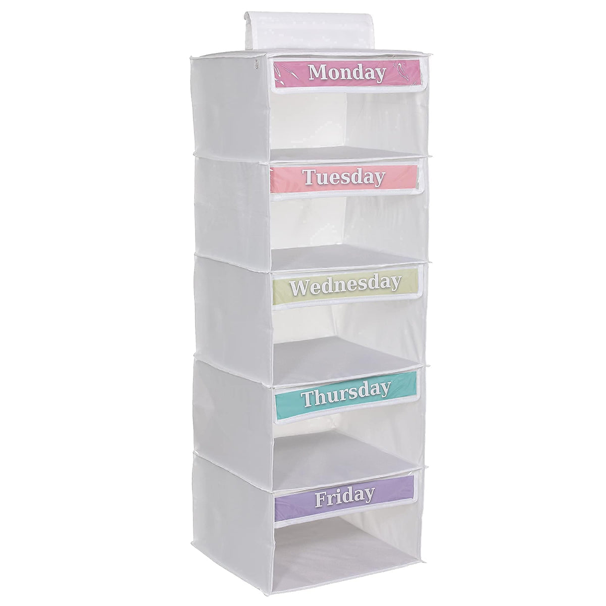 Three Sweet Peas Co weekly organizer for kids on a five-shelf unit, easy access.