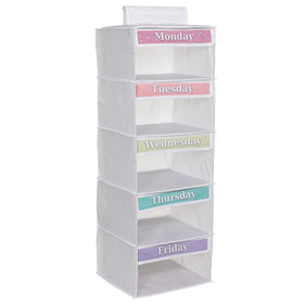 Three Sweet Peas Co weekly organizer for kids on a five-shelf unit, easy access.
