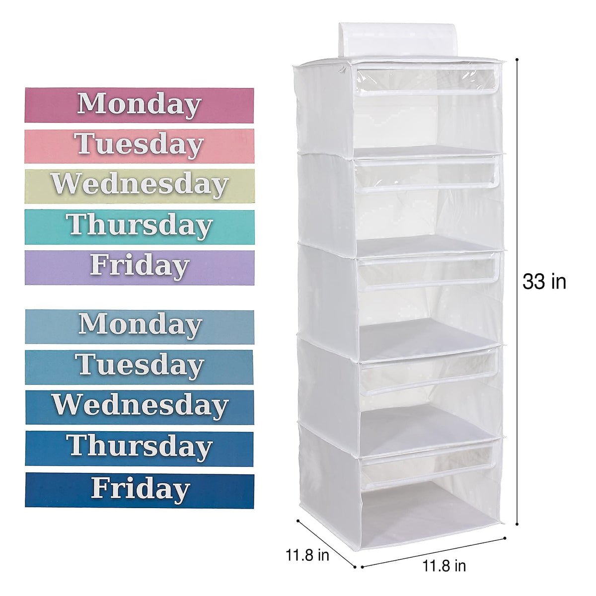 Three Sweet Peas Co kid organizer with Monday–Friday labels helps planning outfits.